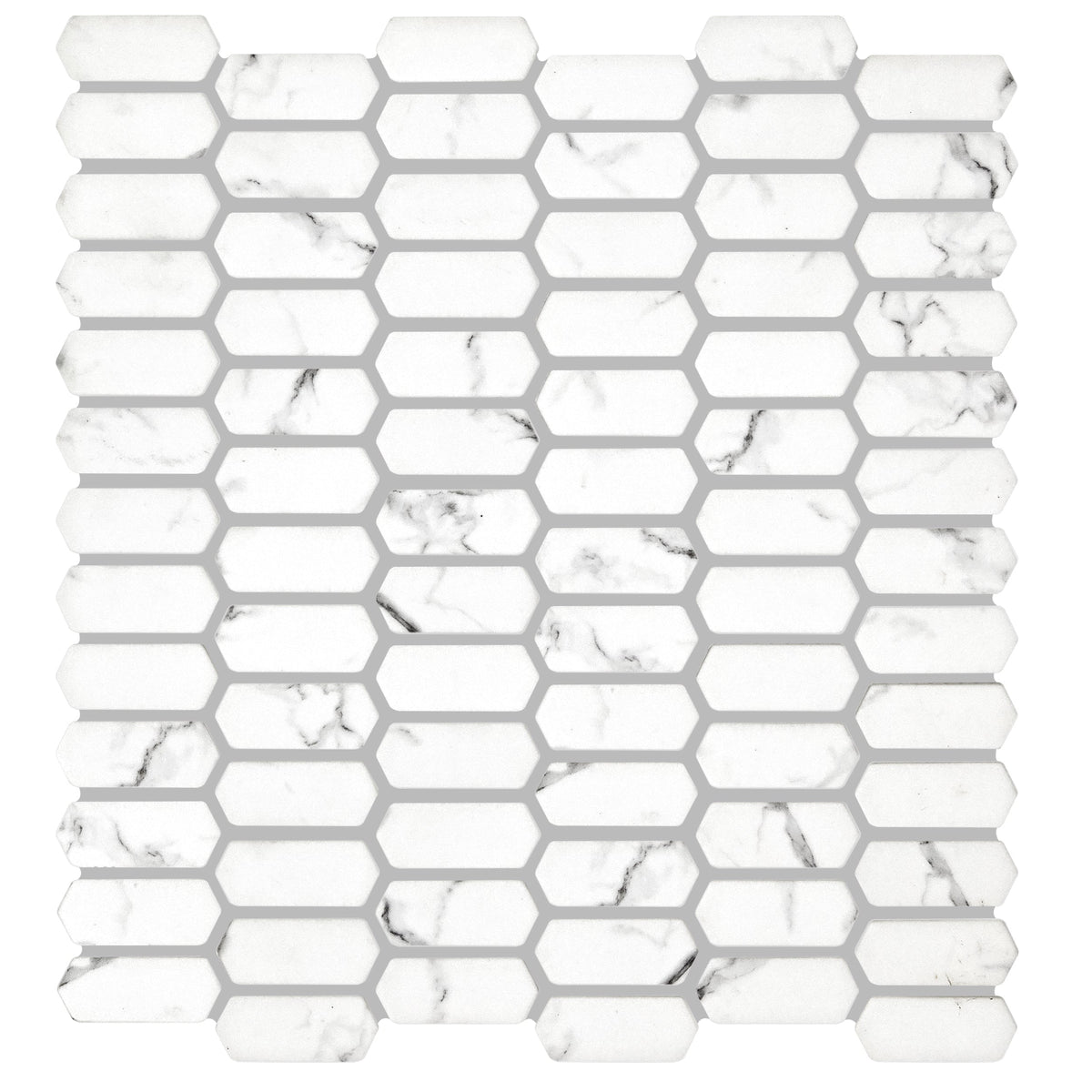 Malmo picket white mosaic featuring white marble hexagonal tiles with subtle gray veining for elegant surfaces