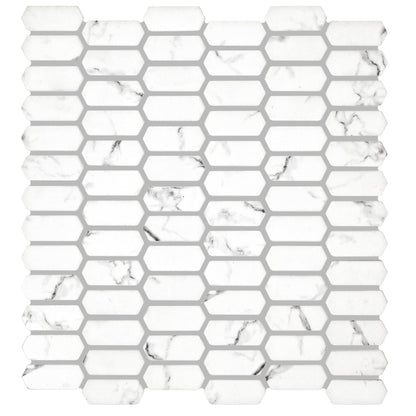 Malmo picket white mosaic featuring white marble hexagonal tiles with subtle gray veining for elegant surfaces