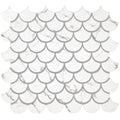 Malmo scallop white mosaic white marble scallop tile with gray veining and subtle gray grout lines