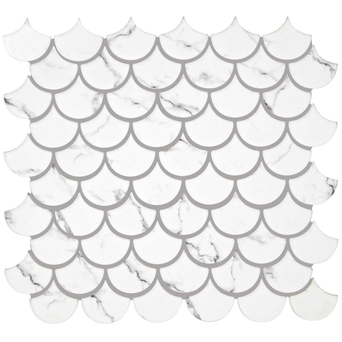 Malmo scallop white mosaic white marble scallop tile with gray veining and subtle gray grout lines