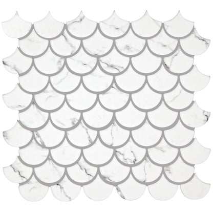 Malmo scallop white mosaic white marble scallop tile with gray veining and subtle gray grout lines