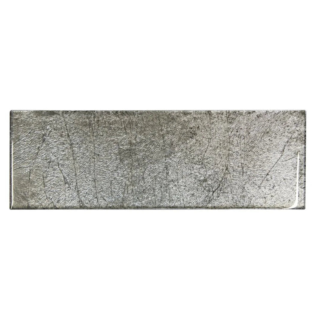 Metallic Vitreum Argentum rectangle silver glass tile with silver metallic textured scratched surface finish
