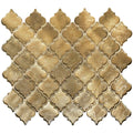 Metallic vitreum aurum arabesque gold glass tile with gold-toned textured mosaic and quatrefoil pattern