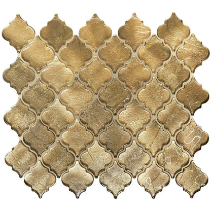 Metallic vitreum aurum arabesque gold glass tile with gold-toned textured mosaic and quatrefoil pattern