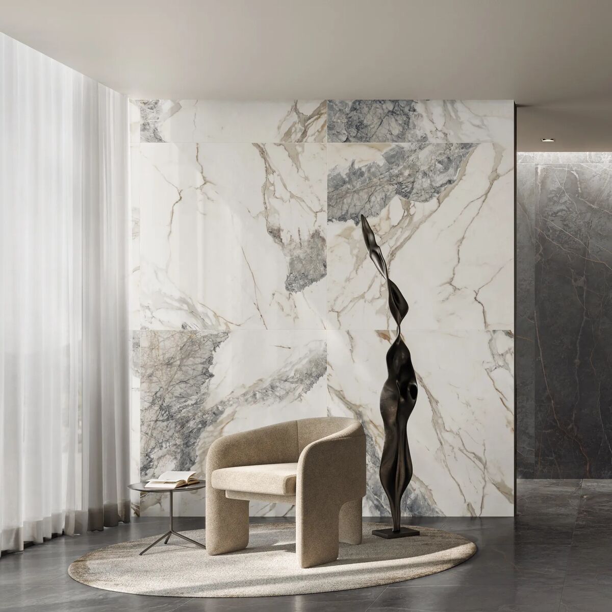 Milos Alabaster Marble Effect Tile 60 x 120cm with a creamy white base and grey veining