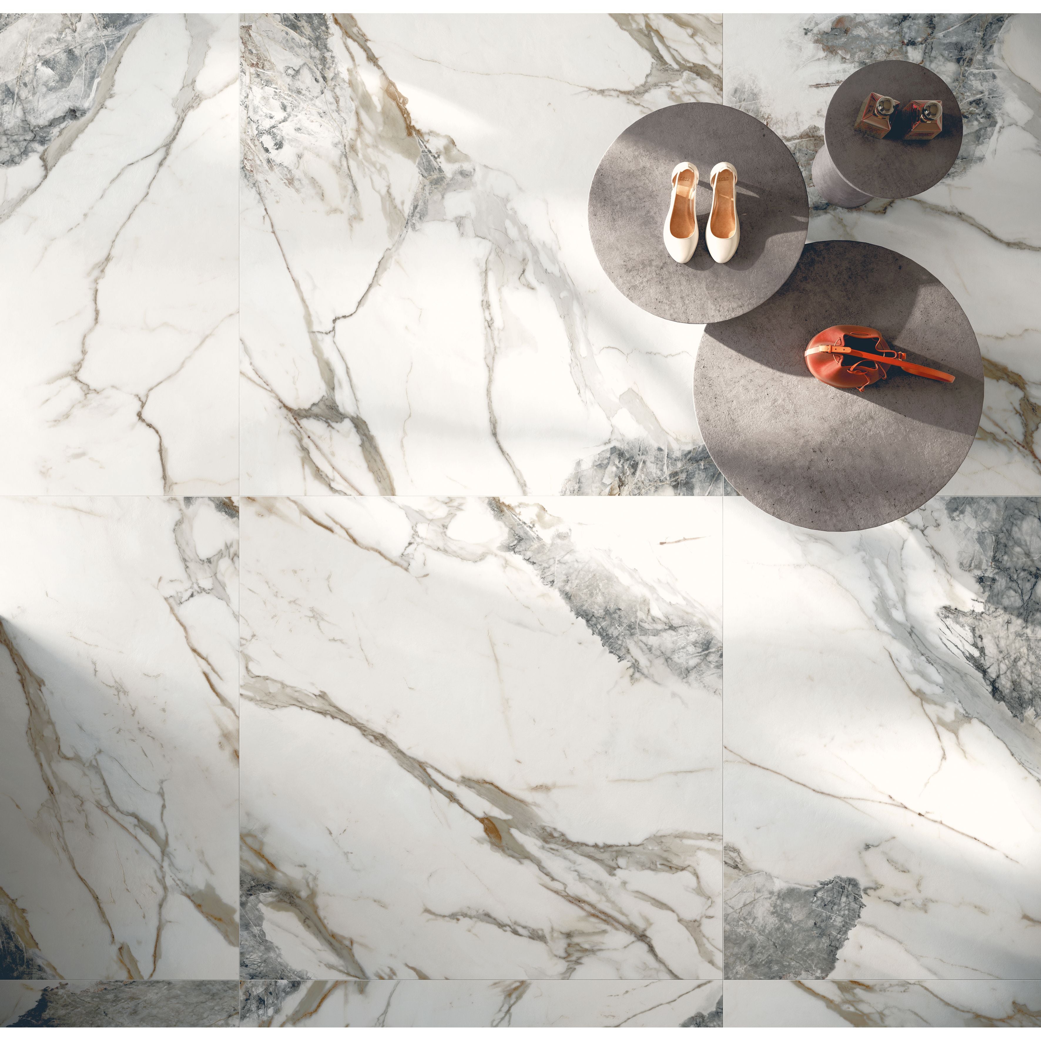Milos alabaster marble effect floor tile 80 x 80cm with white base and elegant gray and gold veining