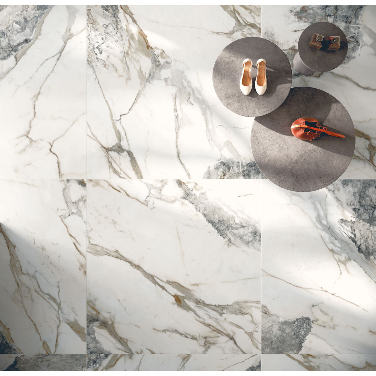 Milos alabaster marble effect floor tile 80 x 80cm with white base and elegant gray and gold veining