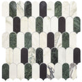 Monet Lorica sleek modern mosaic tile panel with green marble and black tiles on creamy white marble background