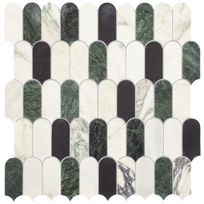 Monet Lorica sleek modern mosaic tile panel with green marble and black tiles on creamy white marble background