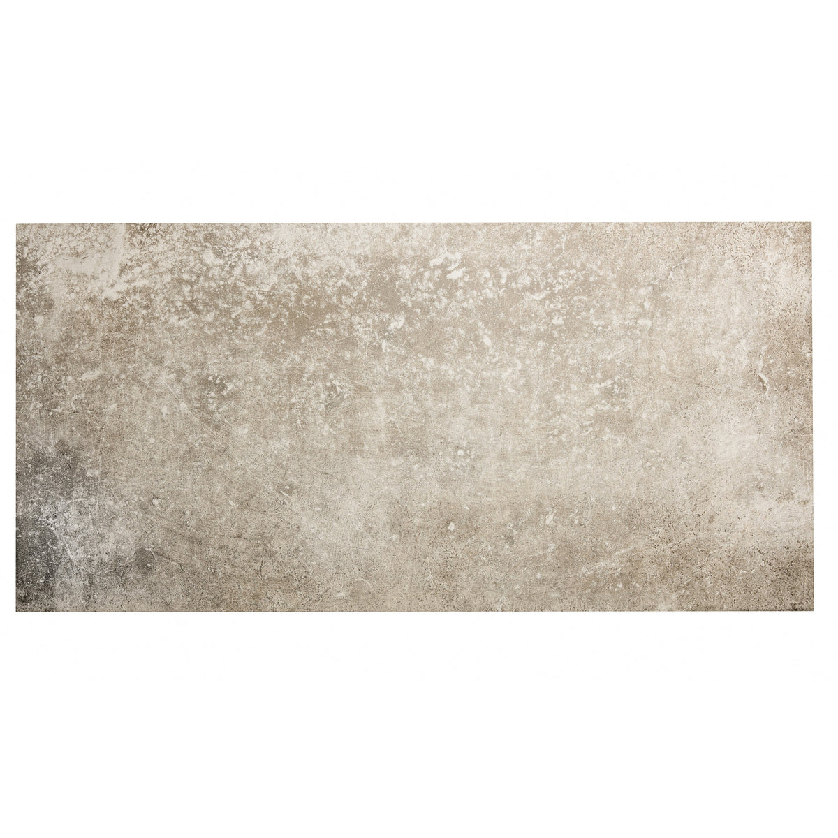 A rectangular Montpellier Portes tile 60 x 30cm with a textured mottled gray and beige finish resembling aged concrete