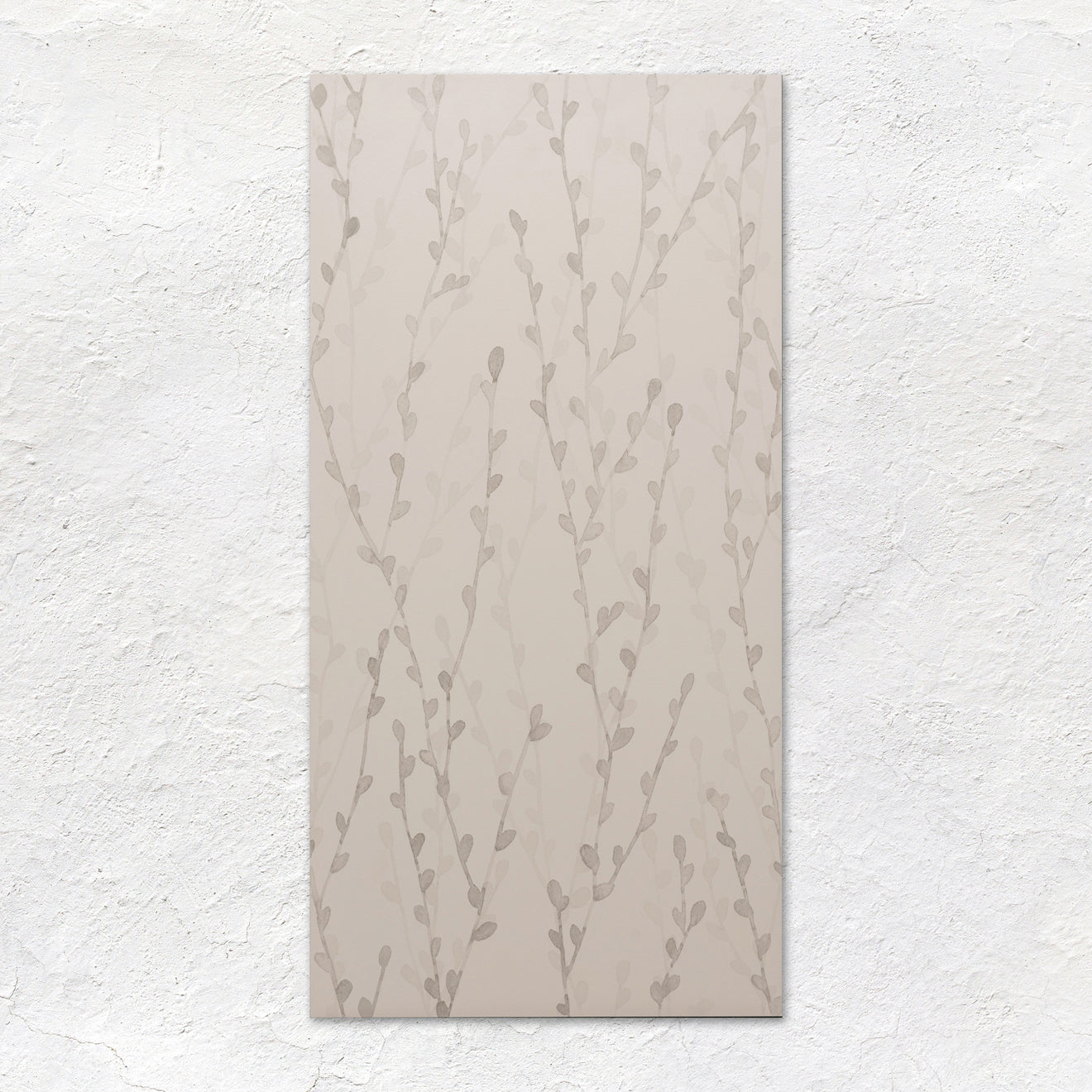 Beige rectangular meadow catkin wall tile 60x30cm with subtle gray leafy vine pattern for indoor use