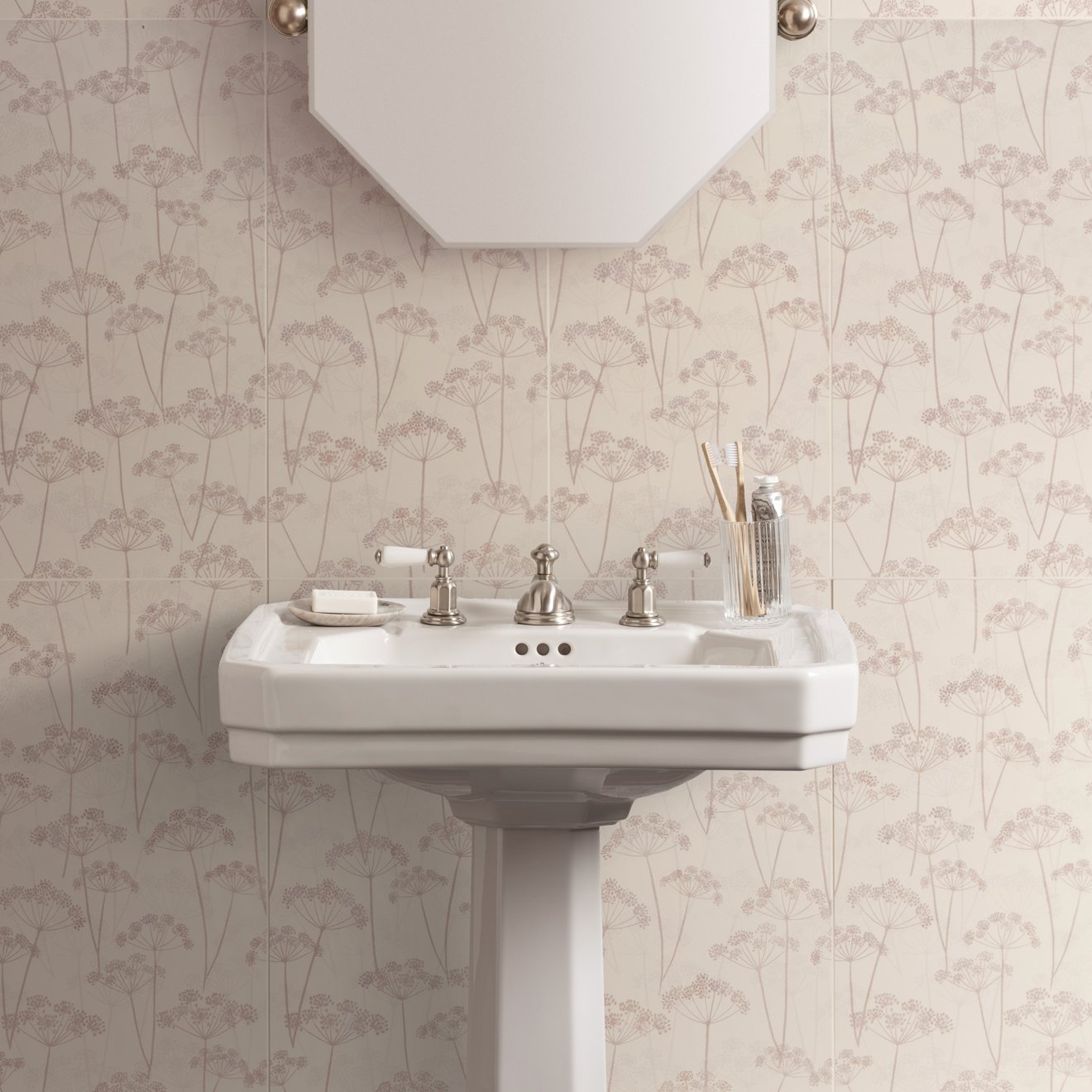 White ceramic pedestal sink meadow hedgerow 60x30cm with silver-toned faucet and handles for bathroom use