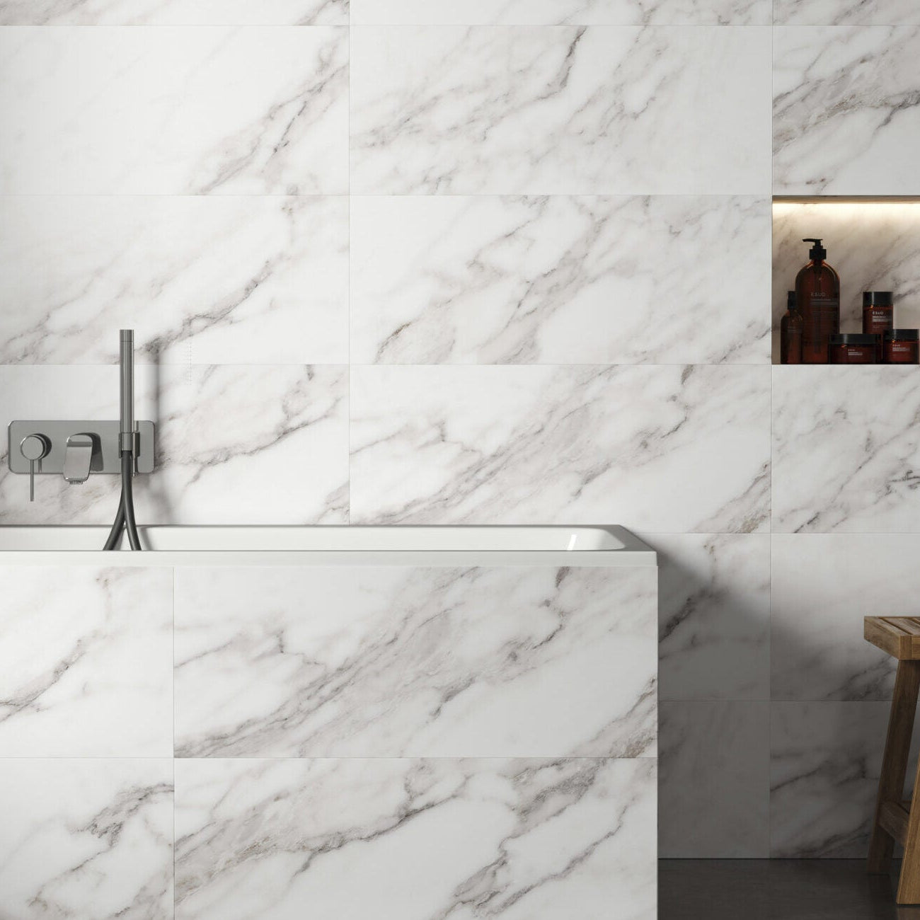 Magnus Calacatta White 30 x 75cm white marble-effect bathroom tiles with subtle gray veining for elegant walls
