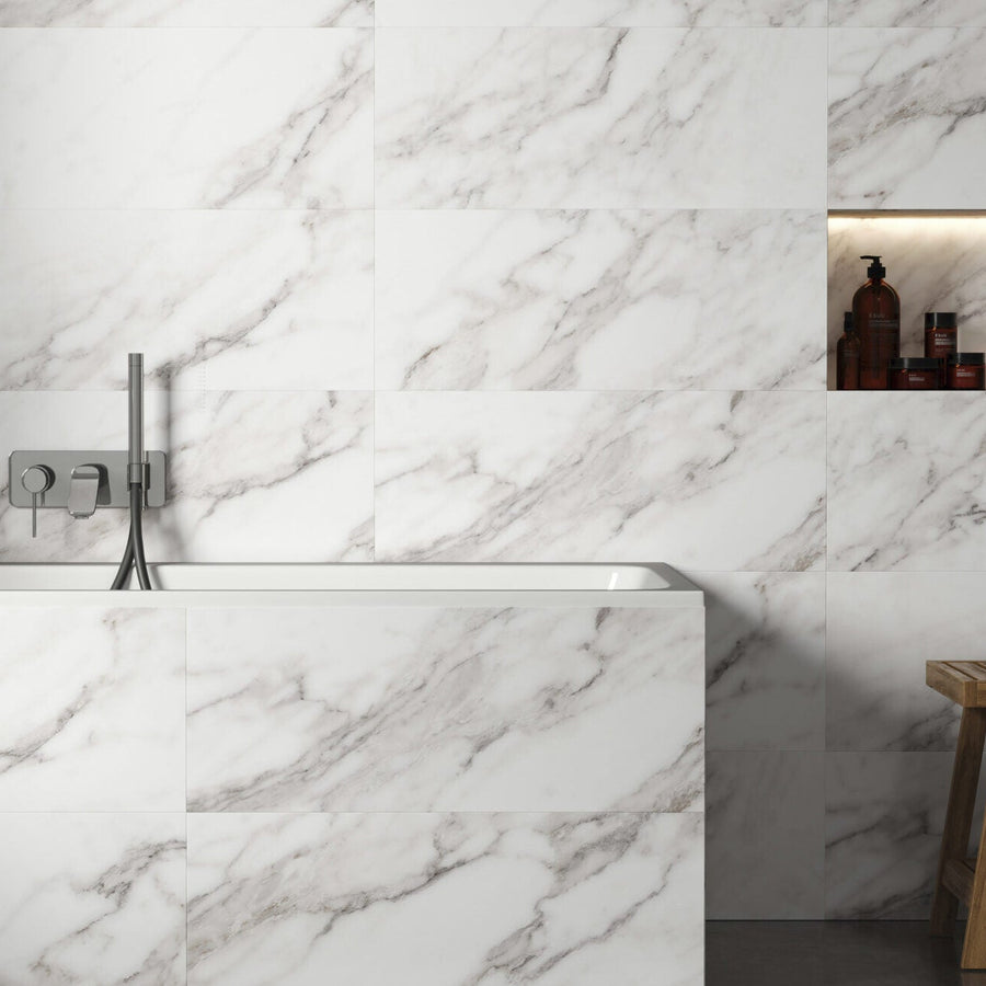 Magnus Calacatta White 30 x 75cm white marble-effect bathroom tiles with subtle gray veining for elegant walls