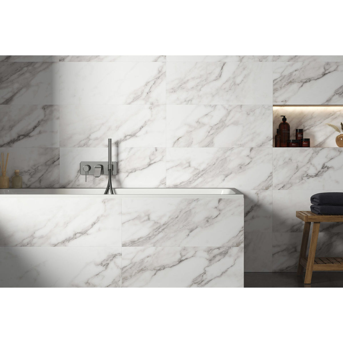 Magnus Calacatta white 75 x 75cm bathroom tiles with white marble effect and subtle gray veining