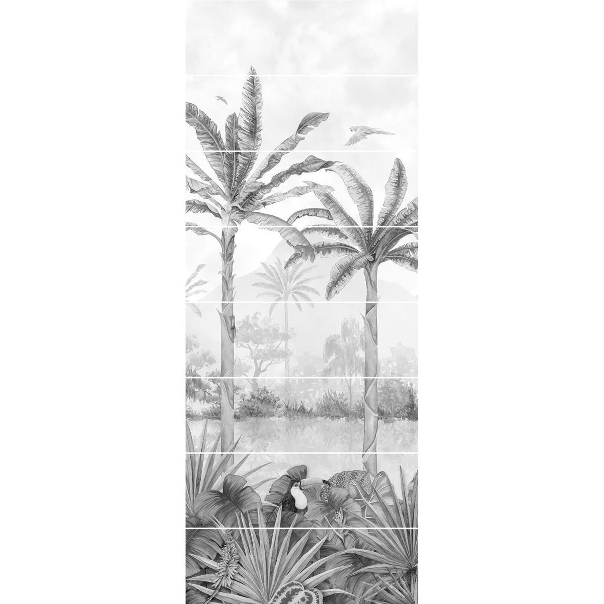 Tropical Oasis Monochrome Decorative 8-Tile Set Panel A - Ceramic - Decorated - White