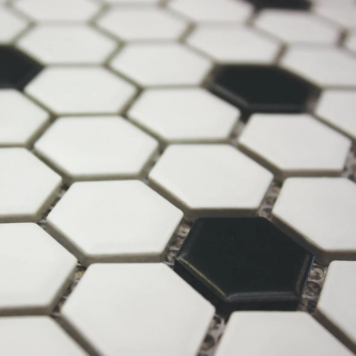 Shapes Hexagon White & Black 26 x 30cm porcelain mosaic close-up