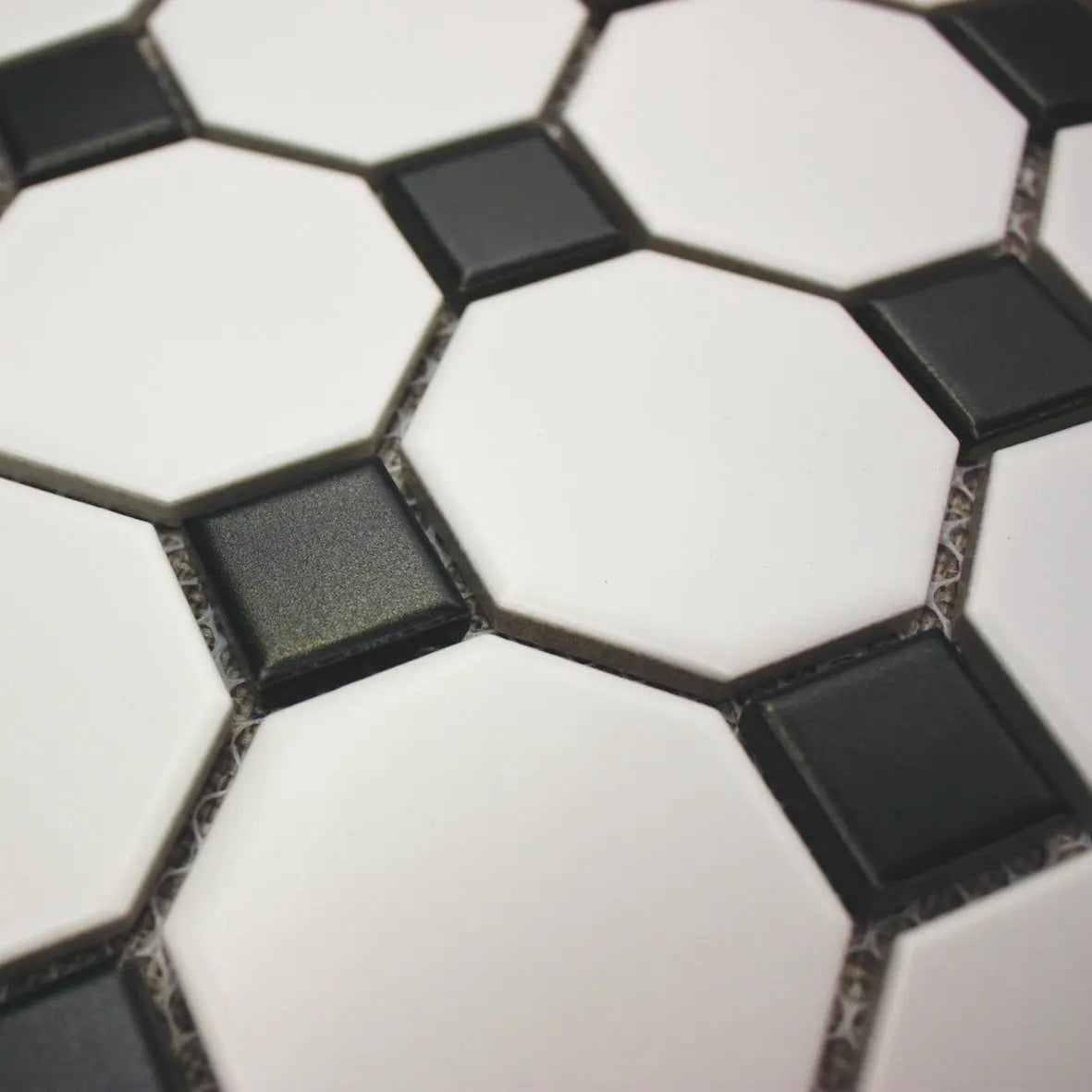 Shapes Octagon White with Black Dot 31 x 29cm porcelain mosaic close-up