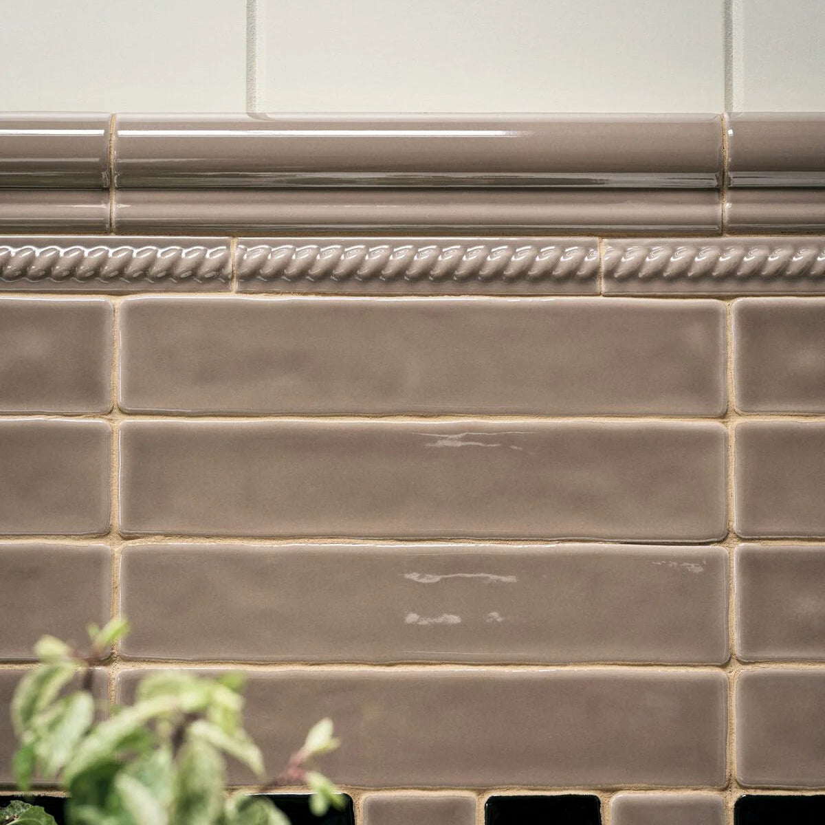 Brown glossy ceramic subway tiles with a decorative rope border and a light-colored tile backsplash above, shown with a small green plant in the foreground.