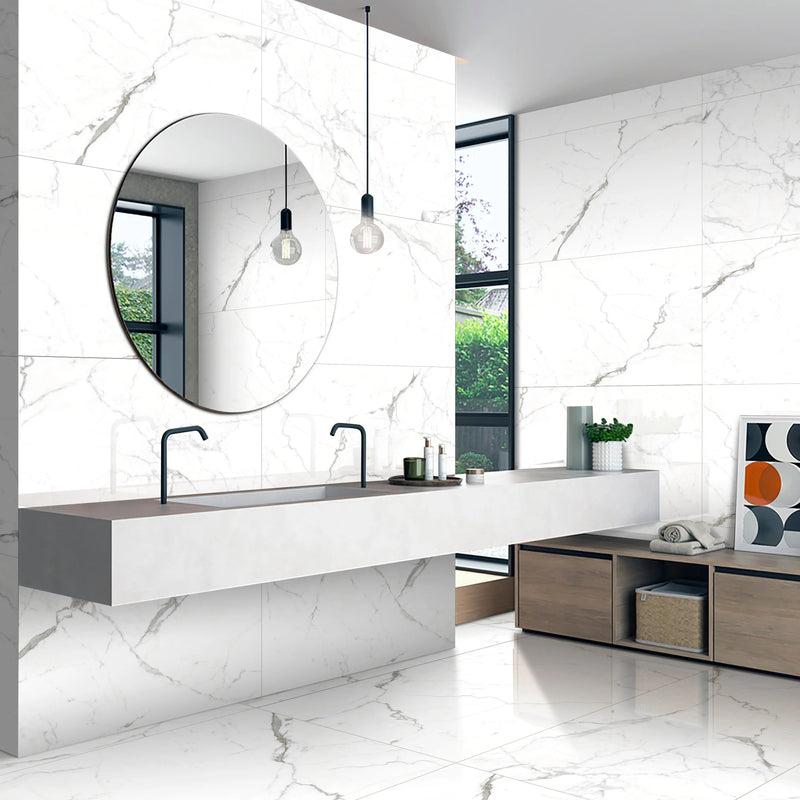 Noor Satuario Polished 60 x 120cm glazed porcelain marble effect tile room setting
