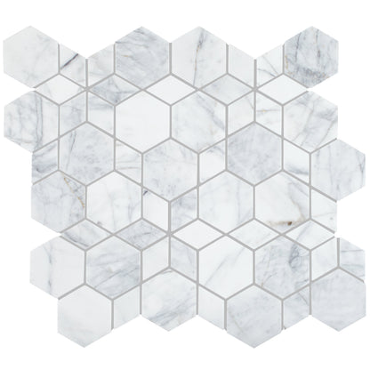 Ottimo Kaleidoscope Mosaic white marble hexagonal mosaic tile with subtle gray veining and thin grout lines