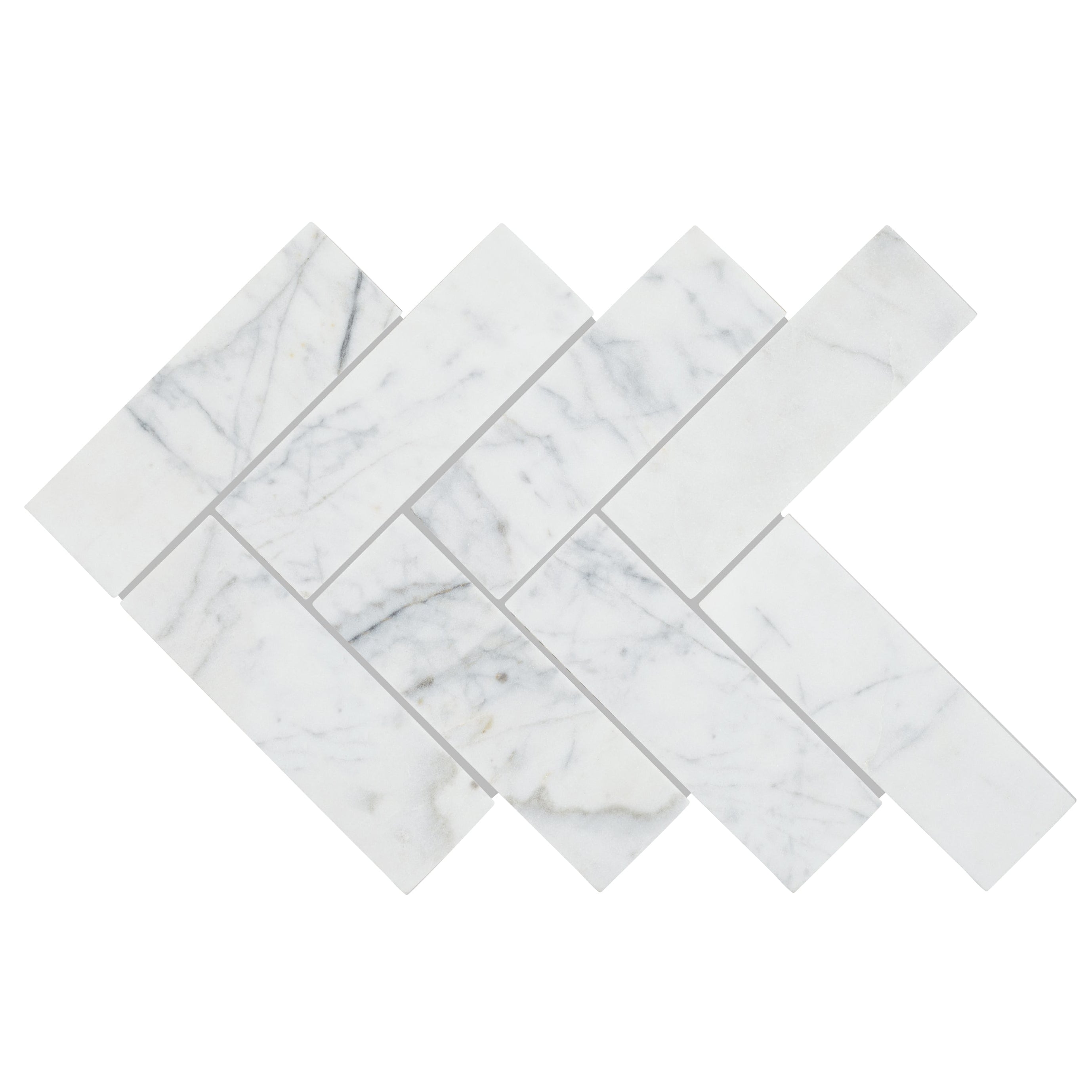 Ottimo large herringbone mosaic white marble tile with classic herringbone pattern and subtle gray veining