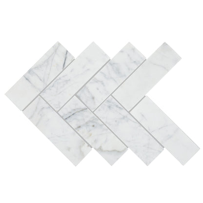 Ottimo large herringbone mosaic white marble tile with classic herringbone pattern and subtle gray veining
