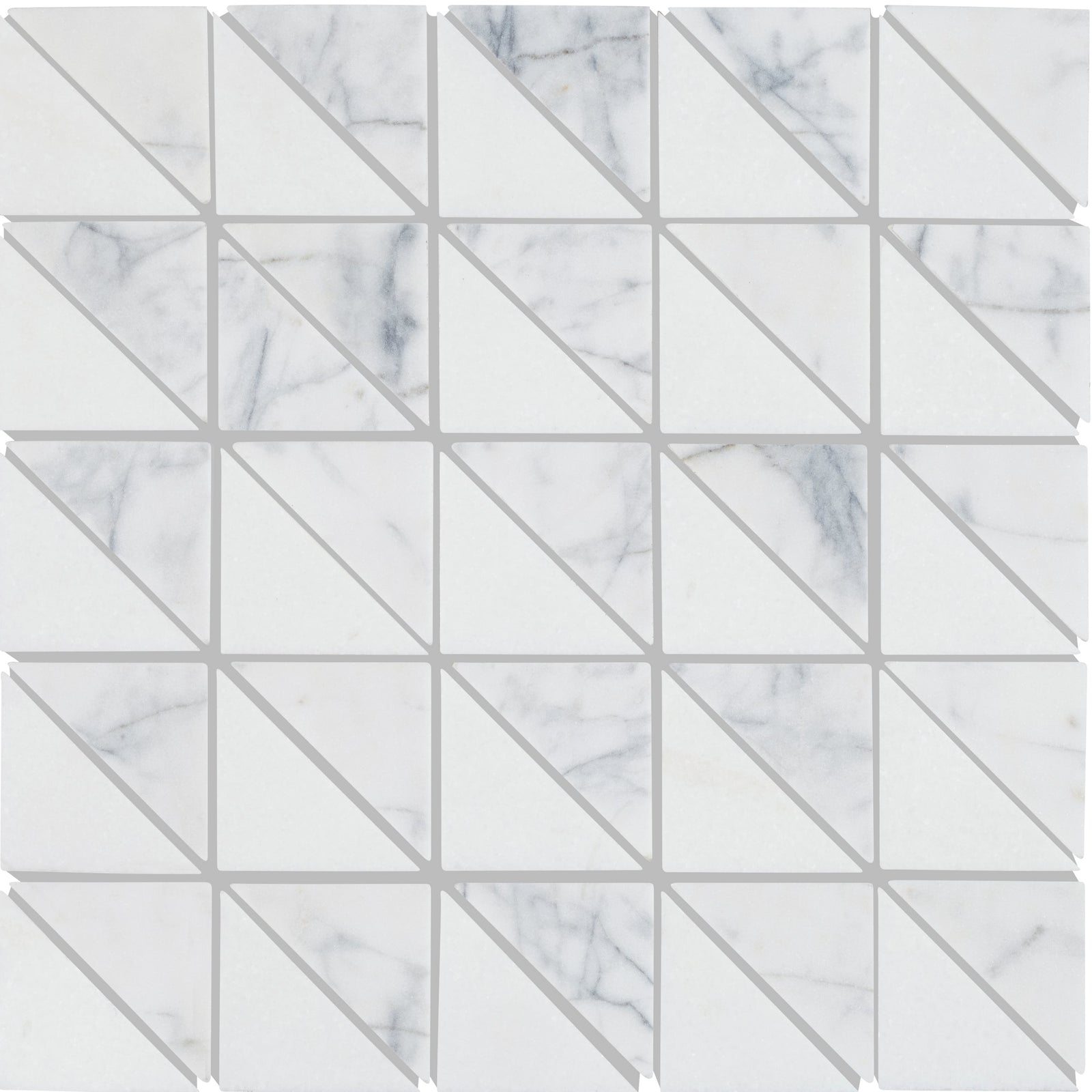 White marble mosaic tile ottimo triangles mosaic with diagonal gray veining in a geometric pattern