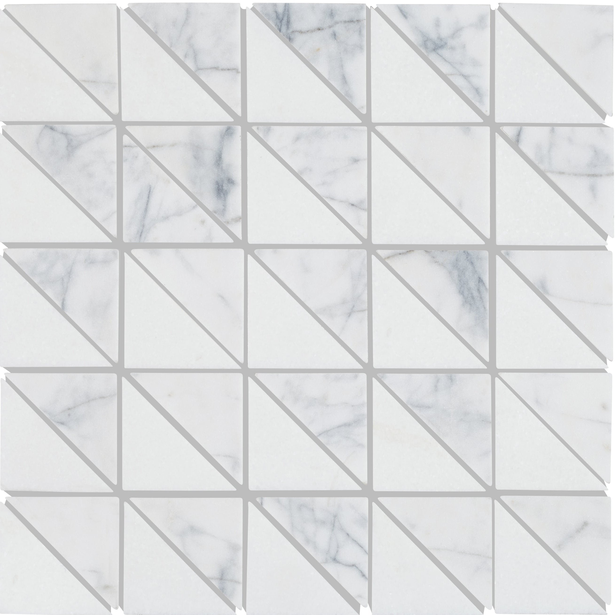 White marble mosaic tile ottimo triangles mosaic with diagonal gray veining in a geometric pattern