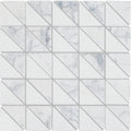 White marble mosaic tile ottimo triangles mosaic with diagonal gray veining in a geometric pattern