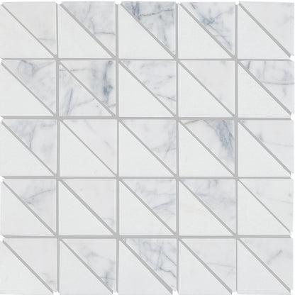 White marble mosaic tile ottimo triangles mosaic with diagonal gray veining in a geometric pattern