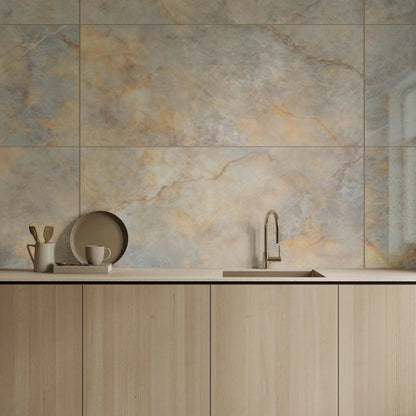 Opaline Pearl polished marble-effect tiles in a modern kitchen