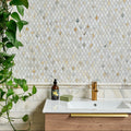 Palazzo Oro Marble Diamond Mosaic tiles styled in a bathroom setting