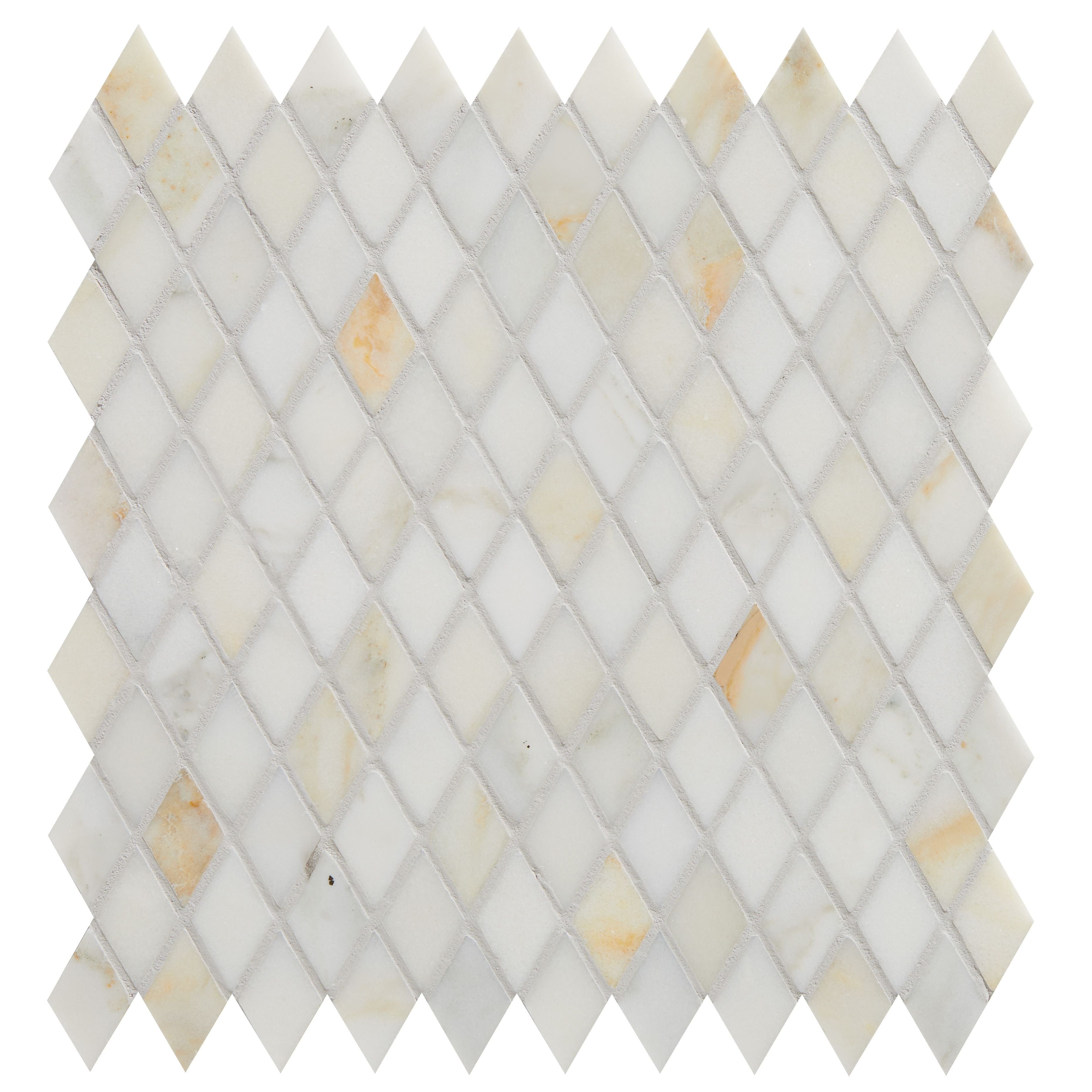 Palazzo Oro marble diamond mosaic tile in white and beige with subtle veining for elegant wall and floor design