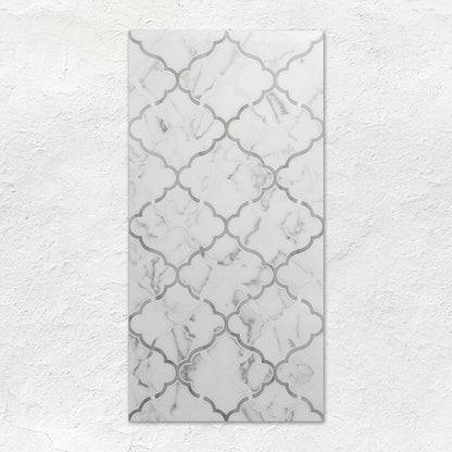 White marble patterned palazzo arabo tile 60x30cm with gray quatrefoil design for elegant flooring or walls