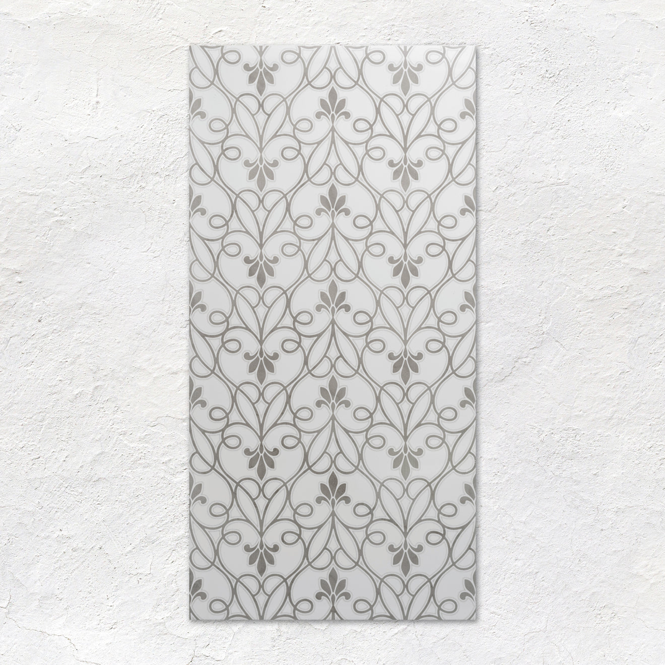 Palazzo Filigrana 60x30cm translucent white ceramic tile with a grey floral scrollwork pattern