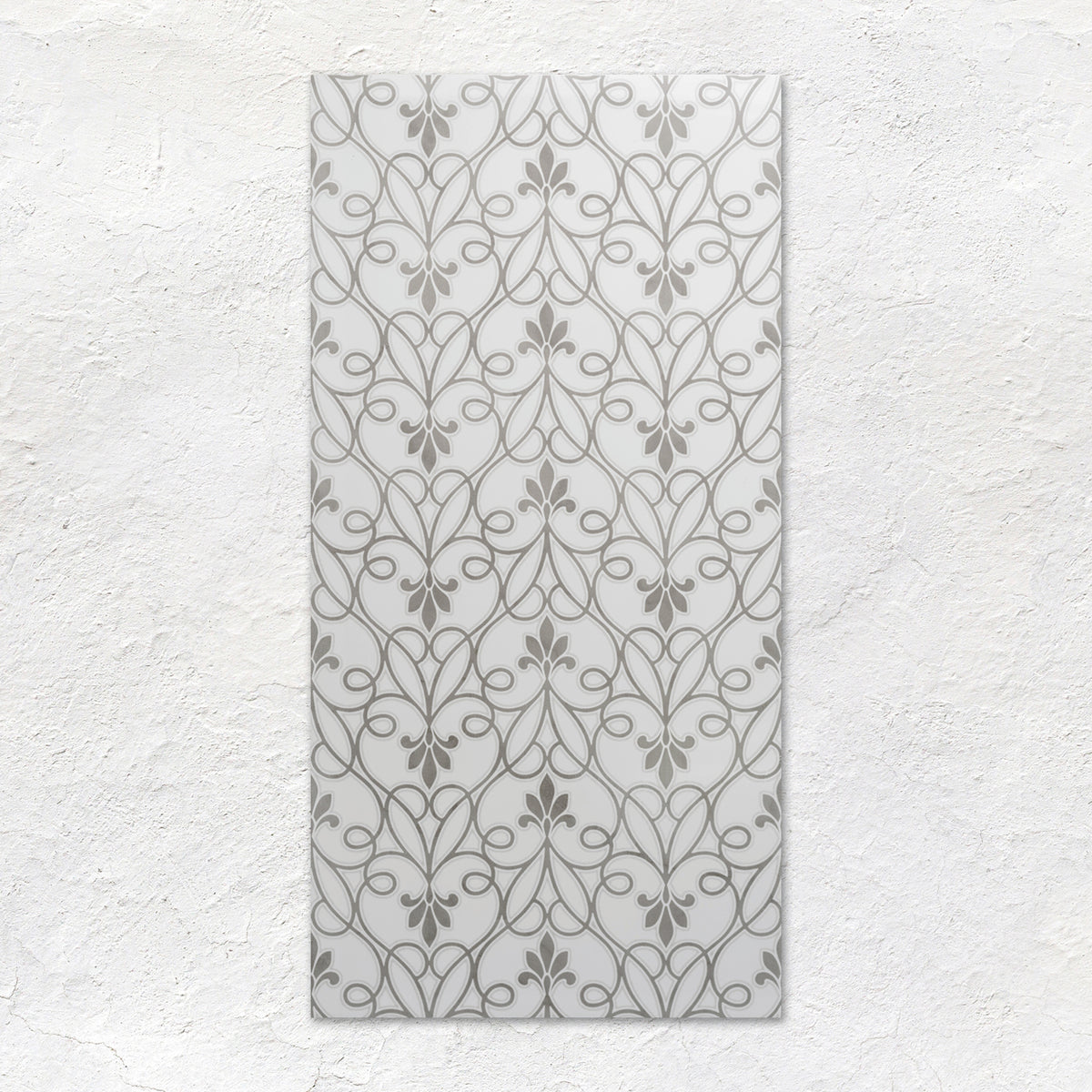 Palazzo Filigrana 60x30cm translucent white ceramic tile with a grey floral scrollwork pattern