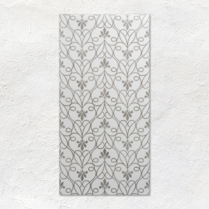Palazzo Filigrana 60x30cm translucent white ceramic tile with a grey floral scrollwork pattern