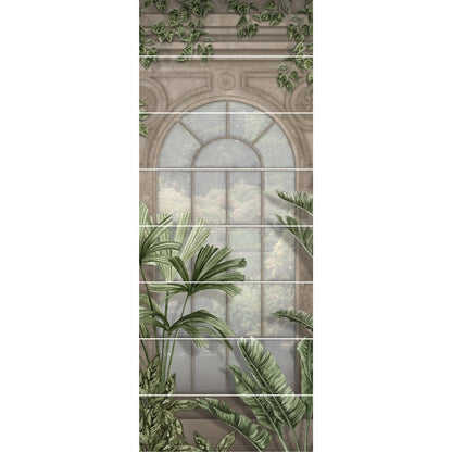 Vertical wall mural palm house decorative 8-tile set panel b with arched window cloudy sky stone architecture and green foliage