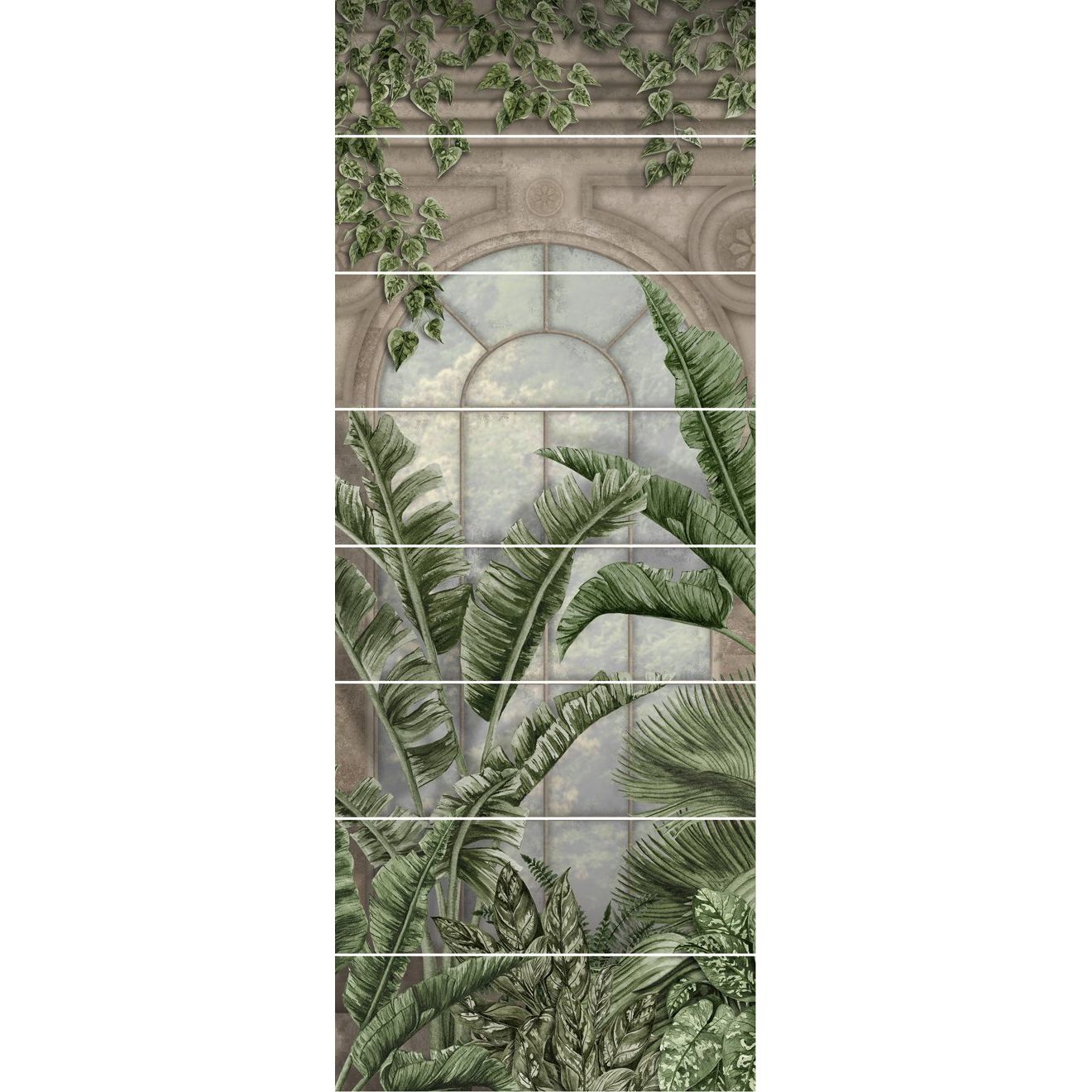 Tiled wall mural panel featuring lush green banana leaves and ivy vines framing an arched window palm house set c