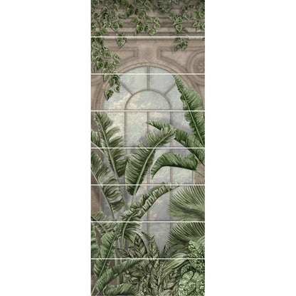 Tiled wall mural panel featuring lush green banana leaves and ivy vines framing an arched window palm house set c