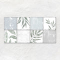 Patchwork botanical iris rectangular mosaic wall art with nine gray white and blue watercolor leaf tiles 60x30cm