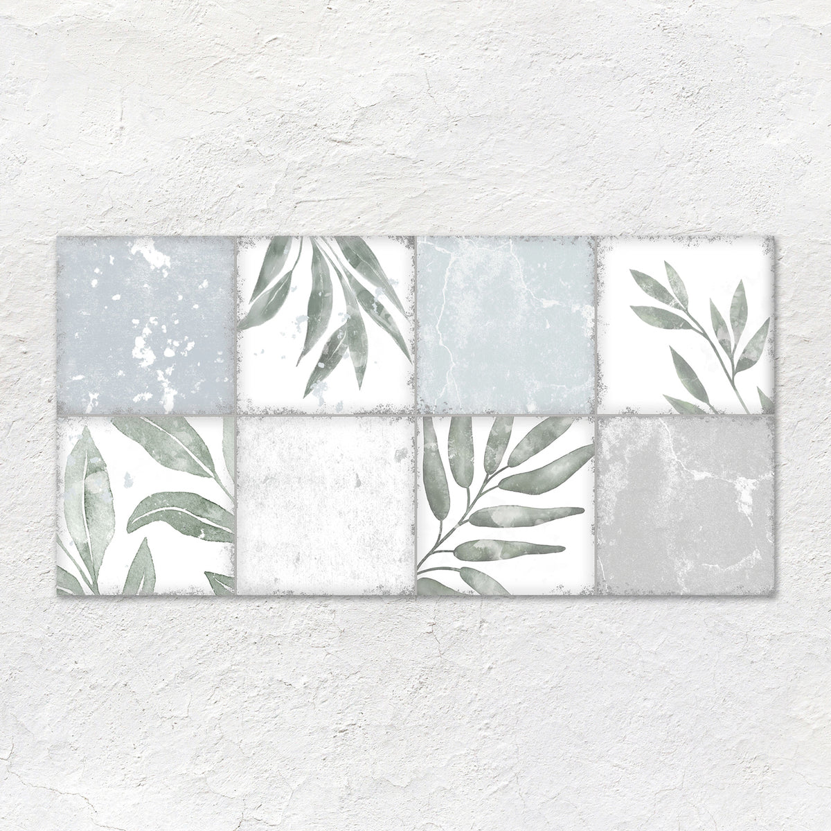 Patchwork botanical iris rectangular mosaic wall art with nine gray white and blue watercolor leaf tiles 60x30cm