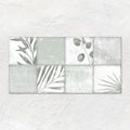 Patchwork botanical ivy wall art 60x30cm features eight square tiles with muted green and gray botanical prints on white