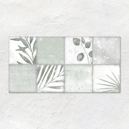 Patchwork botanical ivy wall art 60x30cm features eight square tiles with muted green and gray botanical prints on white