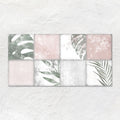 Rectangular wall art collage patchwork botanical rose 60x30cm with eight square botanical prints in muted greens and soft pinks