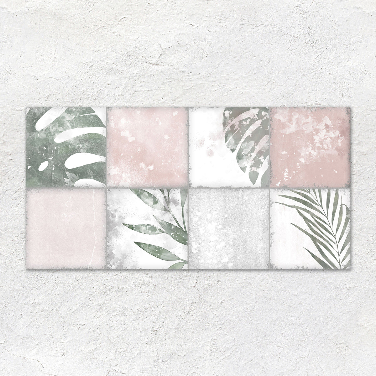 Rectangular wall art collage patchwork botanical rose 60x30cm with eight square botanical prints in muted greens and soft pinks