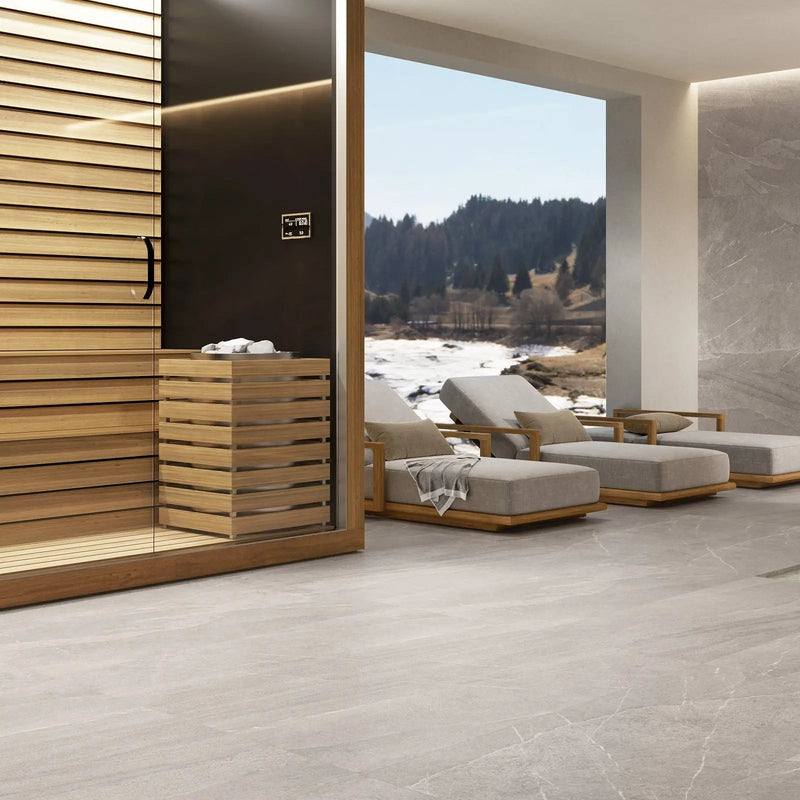 Pietra Di Lavagna Sabbia porcelain stone effect tile room setting