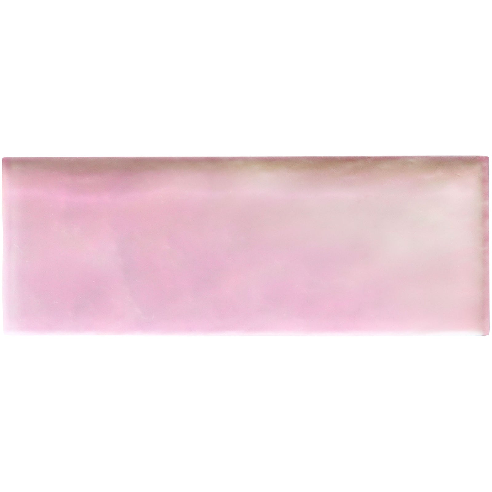 A rectangular pink frost brick radiance ceramic tile with a glossy finish and subtle gradient glow