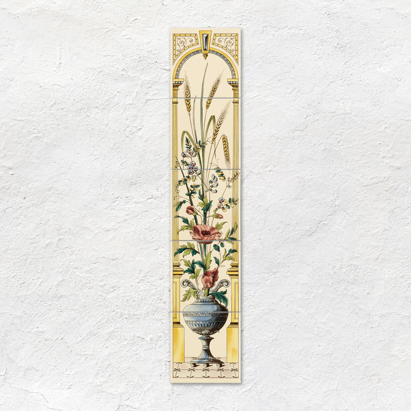 Poppy and wheatsheaf 5-tile set featuring decorative ceramic tiles with a classical urn of flowers on county white